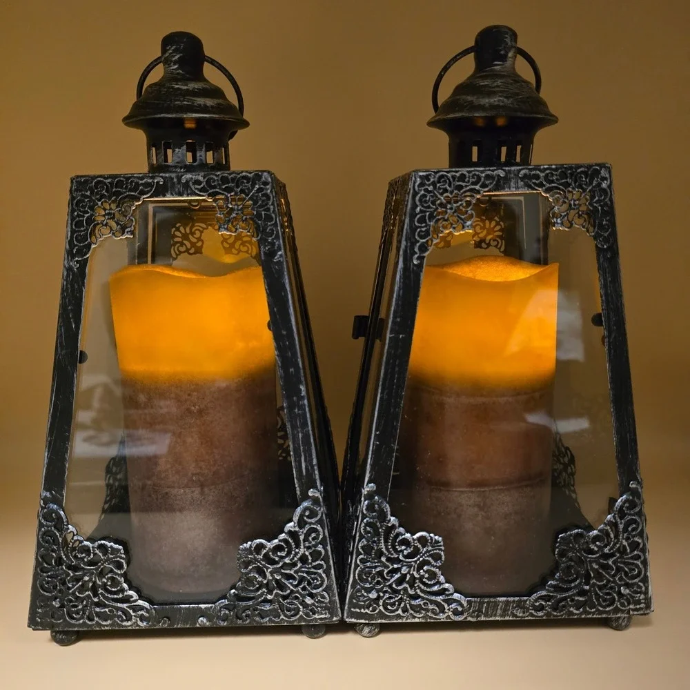 Set‎ of 2 Distressed Black Metal Lanterns with LED Flickering Pillar Candles